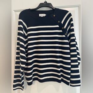 Molly Bracken Navy and White Striped Crewneck Sweater with Shoulder Buttons